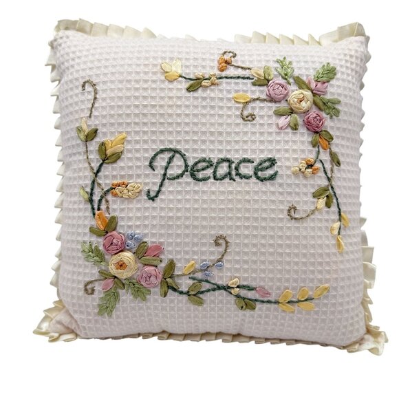 Other - Ribbon Embroidered Throw Pillow Peace Floral Cat Ruffled Edge Cottagecore 9 In